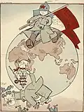 The child mascot of the magazine has knocked God, Capitalism, and the Pope off of the Earth.
