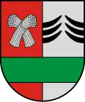 A coat of arms depicting two grey sheaves of wheat on a red background on the left and six black, curved lines on a grey background on the right