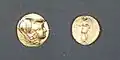 Gold stater of Alexander the Great. Obverse: Athena wearing Corinthian helmet. Reverse: Nike holding stylis and wreath. Possibly minted in Abydos c. 328–323 BC.