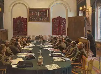 Socialist Realist - Assembly of the Revolutionary Military Council of the USSR, Chaired by Kliment Voroshilov; by Isaak Brodsky; 1929; oil on canvas; 95.5 x 129.5 cm; private collection[120]