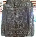 Panavitiya Ambalama wood panel carving - An ornate carving of a lotus flower in one of the wooden pillars in Panavitiya Ambalama (November 2019)