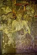 Bodhisattva Padmapani; c. 450–490; pigments on rock; height: c. 1.2 m; Ajanta Caves (India)[92]