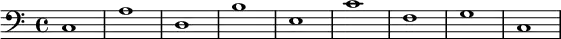 {
\new Staff <<
\new Voice \relative c' {
\stemDown \clef bass \key c \major \time 4/4 \tempo 1 = 60 \set Score.tempoHideNote = ##t
c,1 a' d, b' e, c' f, g c,
}
>>
}