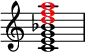 \fixed c' {
\omit Score.TimeSignature
<c e g bes \tweak NoteHead.color #red d' \tweak NoteHead.color #red f' \tweak NoteHead.color #red a'>1
}
