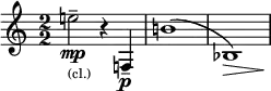 
\relative c'' {
  \clef treble \override Staff.TimeSignature.style = #'numbered \time 2/2
  \set Score.tempoHideNote = ##t \tempo 2 = 50 \accidentalStyle dodecaphonic
  \set Staff.midiInstrument = "clarinet"
  e2_\markup { \tiny (cl.) }\mp-- r4 f,,\p-- | b'1( | bes,) \> | \!
}
