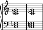 \new PianoStaff <<
{ \omit Score.TimeSignature }
\new Staff \fixed c' { <c e! g>1 <c ees g> }
\new Staff \fixed c { \clef bass <c ees g>1 <c e! g> }
>>