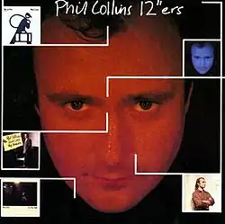 A red-tinted photo of Collins' face with several small record sleeves surrounding it