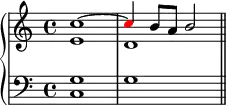 
   \new PianoStaff <<
      \new Staff <<
         \new Voice \relative c'' {
             \stemUp \clef treble \key c \major \time 4/4
             c1^~ \once \override NoteHead.color = #red c4 b8 a b2
             }
         \new Voice \relative c' {
             \stemDown e1 d
              }
            >>
     \new Staff <<
         \new Voice \relative c' {
             \clef bass \key c \major \time 4/4
             \stemUp g1 s
             }
         \new Voice \relative c {
             \clef bass \key c \major \time 4/4
             \stemDown c1 g' \bar "||"
             }
         >>
    >>
