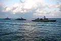 ROKS Gang Gam-chan, ROKS Gwanggaeto the Great and USS Chung Hoon in formation during Foal Eagle 2016 on 24 March 2016.