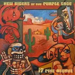 A Cubist-influenced depiction of a devil, a skeleton smoking a joint, a woman playing a phonograph record, and a woman dancing and playing a tambourine; the skull of an animal hangs on the wall. Outside the window is a desert scene, with saguaro cactuses, an adobe church, buttes in the distance, and a flying saucer.