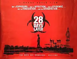 A monochrome black on red image, with a large biohazard warning symbol and underneath a man walking with London in the background