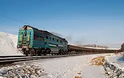 The lokomotiv 2ТЭ116-1106 of the Uchaly Mining and Metallurgical Combine in Rudnaya station (Uchalinsky District)