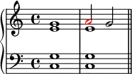 
   \new PianoStaff <<
      \new Staff <<
         \new Voice \relative c'' {
             \clef treble \key c \major \time 4/4
             \stemUp g1 \once \override NoteHead.color = #red a2 g
             }
         \new Voice \relative c' {
             \stemDown e1 e
              }
            >>
     \new Staff <<
         \relative c {
             \clef bass \key c \major \time 4/4
             <c g'>1 <c g'> \bar "||"
             }
         >>
    >>
