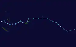 A track-map of a tropical depression moving from Vanuatu through the Southern Pacific Ocean