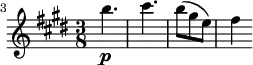 
\relative c''' {
  \key e \major
  \time 3/8
  \clef treble
  \set Score.tempoHideNote = ##t
  \tempo 8 = 96
  \set Staff.midiInstrument = "violin"
  \set Score.currentBarNumber = #3
  \bar ""
  b4. _\p cis b8( gis e) fis4
}
