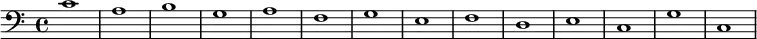 {
\new Staff <<
\new Voice \relative c' {
\stemDown \clef bass \key c \major \time 4/4 \tempo 1 = 60 \set Score.tempoHideNote = ##t
c1 a b g a f g e f d e c g' c,
}
>>
}