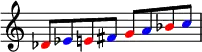 {
\override Score.TimeSignature #'stencil = ##f
\relative c' {
\clef treble \key c \major
\once \override NoteHead.color = #red des8 \once \override NoteHead.color = #blue es \once \override NoteHead.color = #red e! \once \override NoteHead.color = #blue fis \once \override NoteHead.color = #red g \once \override NoteHead.color = #blue a \once \override NoteHead.color = #red bes \once \override NoteHead.color = #blue c
} }