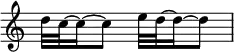 {
\override Score.TimeSignature #'stencil = ##f
\relative c'' {
\time 2/4
d32 c32~ c16~ c8 e32 d32~ d16~ d8
}
}