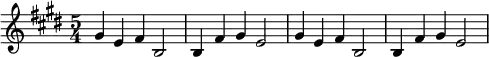  \relative c'' {\set Staff.midiInstrument = #"tubular bells" \time 5/4 \key e \major gis4 e fis b,2 | b4 fis' gis e2 | gis4 e fis b,2 | b4 fis' gis e2 |}