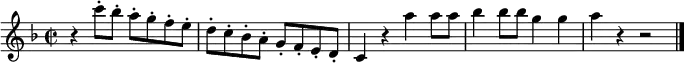 
\relative c''' {
  \time 2/2 \key f \major
  r4 c8-. bes-. a-. g-. f-. e-. |
  d8-. c-. bes-. a-. g-. f-. e-. d-. |
  c4 r a'' a8 a |
  bes4 bes8 bes g4 g |
  a4 r r2 | \bar "|."
}
