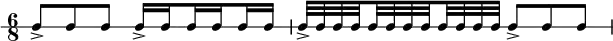 \new RhythmicStaff {
\clef percussion
\time 6/8
\set Score.tempoHideNote = ##t \tempo 4 = 80
c8-> c c
c16-> \set stemRightBeamCount = #1 c \set stemLeftBeamCount = #1 c \set stemRightBeamCount = #1 c \set stemLeftBeamCount = #1 c c
c32-> c c \set stemRightBeamCount = #1 c \set stemLeftBeamCount = #1 c c c \set stemRightBeamCount = #1 c \set stemLeftBeamCount = #1 c c c c
c8-> c c
}