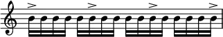 {
\override Score.TimeSignature #'stencil = ##f
\relative c'' {
b16-> b b b b b-> b b b b b-> b b b b b->
}
}