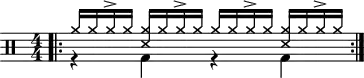 \version "2.22.0"
\header { tagline = ##f}
\score {
  \drums \with {midiInstrument = "drums"}
  \with { \numericTimeSignature }
  {
    \repeat volta 2 {
      <<
        {
          \time 4/4
          cymra16 cymra cymra-> cymra <cymra ss> cymra cymra-> cymra cymra cymra cymra-> cymra <cymra ss> cymra cymra-> cymra
        }\\{r4 bd  r4 bd}
               \bar ":|.S.|:-S"    
      >>\break
    }
  }
  \layout {}
}

\score {
  \unfoldRepeats {
    \drums \with {midiInstrument = "drums"}{
      \repeat volta 2 {
        <<
          {
            \time 4/4
            cymra16 cymra cymra-> cymra <cymra ss> cymra cymra-> cymra cymra cymra cymra-> cymra <cymra ss> cymra cymra-> cymra
        }\\{r4 bd  r4 bd}
               \bar ":|.S.|:-S"    
        >>\break
      }
    }
  }
  \midi { \tempo  4 = 80 }
}