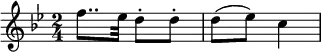 {
\relative c'' {
\set Staff.midiInstrument = #"violin"
\key bes \major
\time 2/4
f8.. es32 d8-. d-.
d( es) c4
} }