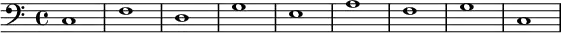 {
\new Staff <<
\new Voice \relative c' {
\stemDown \clef bass \key c \major \time 4/4 \tempo 1 = 60 \set Score.tempoHideNote = ##t
c,1 f d g e a f g c,
}
>>
}