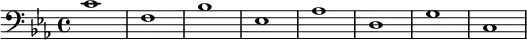 {
\new Staff <<
\new Voice \relative c' {
\stemDown \clef bass \key c \minor \time 4/4 \tempo 1 = 60 \set Score.tempoHideNote = ##t
c1 f, bes es, as d, g c,
}
>>
}