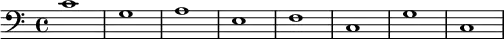{
\new Staff <<
\new Voice \relative c' {
\stemDown \clef bass \key c \major \time 4/4 \tempo 1 = 60 \set Score.tempoHideNote = ##t
c1 g a e f c g' c,
}
>>
}