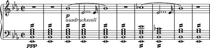 
{ \new PianoStaff <<
\new Staff 
\relative bes' 
{ 
  \set Staff.midiInstrument = #"french horn" 
  \set Staff.midiMinimumVolume = 0.3
  \set Staff.midiMaximumVolume = 0.9
  \key es  \major 
  \clef treble 
  \time 2/2 
  \set Score.tempoHideNote = ##t 
  \tempo 2 = 60
  R1*2 | % 3
  bes1 \p _\markup{ \italic{ ausdrucksvoll} } ( | % 4
  es,2... es16 | % 5
  bes'1 ) | % 6
  R1 | % 7
  ces1 ( | % 8
  es,2... es16 | % 9
  bes'1 )
  r1
  }
\new Staff 
\relative es, 
{ 
  \set Staff.midiInstrument = #"tremolo strings" 
  \set Staff.midiMinimumVolume = 0.2
  \set Staff.midiMaximumVolume = 0.6 
  \key es \major 
  \clef bass 
  \time 2/2
  <es bes' es g bes>1 \ppp :16 | % 2
  <es bes' es g bes>1 :16 | % 3
  <es bes' es g bes>1 :16 | % 4
  <es bes' es g bes>1 :16 | % 5
  <es bes' es g bes>1 :16 | % 6
  <es bes' es g bes>1 :16 | % 7
  <es bes' f' as es'>1 :16 | % 8
  <es bes' f' as ces>1 :16 | % 9
  <es bes' g' bes>1 :16 | % 10
  <es bes' g' bes>1 :16 }
>> 
}
