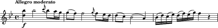 
\relative c''' { \set Score.tempoHideNote = ##t \tempo "Allegro moderato"  4 = 120
 \key bes \major
  <bes d,>4\f bes2 \grace c16( bes8) a16 g | g8( f) f2 \grace g16( f8) es16 d | d8( c) bes2( a4) | bes16(d) c(es) d(f) es(g) f4 r
}
