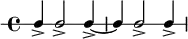 \new RhythmicStaff {
\clef percussion
\time 4/4
\set Score.tempoHideNote = ##t \tempo 4 = 100
c4-> c2-> c4->~ c c2-> c4->
}
