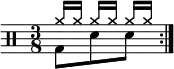 
    \new Staff <<
       \new voice \relative c' {
           \clef percussion
           \numericTimeSignature
           \time 3/8
           \set Score.tempoHideNote = ##t \tempo 4. = 80
           \stemDown \repeat volta 2 { g8 d' d }
       }
       \new voice \relative c'' {
           \override NoteHead.style = #'cross
           \stemUp \repeat volta 2 { a16[ a] a[ a] a[ a] }
       }
   >>