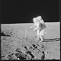 Alan Bean driving the tube into the surface with a hammer.