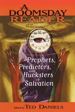 A figure with an eye in the center of a clock in purple robes, next to a collection of words about the end of the world in the shape of a triangle, with hands to the sky beneath it