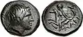 Head of Achilles depicted on a fourth-century BCE coin from Kremaste, Phthia. Reverse: Thetis, wearing and holding the shield of Achilles with his AX monogram