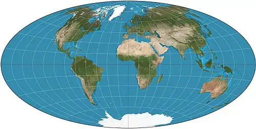 Image 4 Aitoff projection Map: Strebe, using Geocart The Aitoff projection is a modified azimuthal map projection first proposed by David A. Aitoff in 1889. Based on the equatorial form of the azimuthal equidistant projection, Aitoff halved longitudes from the central meridian, projected by the azimuthal equidistant, and then stretched the result horizontally into a 2:1 ellipse. More selected pictures