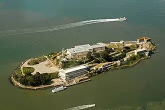 Alcatraz Island view from the west. Image shot from an altitude of approximately 1,800 ft (549 m).