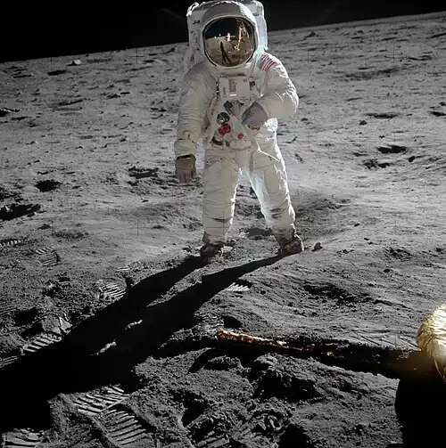 Image 18 Apollo 11 Photograph credit: Neil Armstrong Apollo 11 was the fifth crewed mission of NASA's Apollo program. After launching from the Kennedy Space Center in Florida on July 16, 1969, commander Neil Armstrong and Apollo Lunar Module pilot Buzz Aldrin landed Eagle in Mare Tranquillitatis on July 20, at 20:17:40 UTC, while command module pilot Michael Collins remained on Columbia in lunar orbit. Armstrong was the first to exit the spacecraft, stepping onto the surface 6 hours and 39 minutes later, on July 21, at 02:56:15 UTC; nineteen minutes later, Aldrin joined him on extravehicular activity, which lasted 2 hours, 31 minutes and 40 seconds. Armstrong and Aldrin lifted off from Tranquility Base after almost 22 hours on the lunar surface and rejoined Collins in the command module, before splashing down in the Pacific Ocean on July 24. The mission was planned to the minute, with the majority of the photographic tasks performed by Armstrong with a single Hasselblad camera. Most of the photographs taken on the Moon that include an astronaut are of Aldrin; there are only five images of Armstrong partly shown or reflected, as in this photograph, with Armstrong and the lunar module reflected in Aldrin's helmet visor. "As the sequence of lunar operations evolved," Aldrin explained, "Neil had the camera most of the time [...] It wasn't until we were back on Earth and in the Lunar Receiving Laboratory looking over the pictures that we realized there were few pictures of Neil." More featured pictures