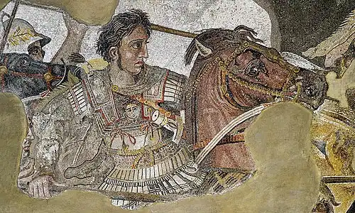Image 10 Alexander the Great Mosaic: Unknown Alexander the Great (356–323 BC), the King of Macedonia, as depicted in a detail from the Alexander Mosaic. Originally from the House of the Faun in Pompeii and dated to c. 100 BC, the mosaic depicts a battle between the armies of Alexander the Great and Darius III of Persia. It is believed to be a copy of an early 3rd century BC Hellenistic painting, probably by Philoxenos of Eretria. The whole mosaic measures 2.72 × 5.13 m (8 ft 11 in × 16 ft 9 in). More featured pictures