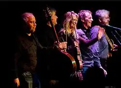 Altan on their North America Tour in 2010: (left to right) Ciarán Curran, Ciarán Tourish, Mairéad Ní Mhaonaigh, Dermot Byrne, and Dáithí Sproule