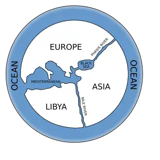 Hypothetical reconstruction of the world map of Anaximander (610–546 BC)