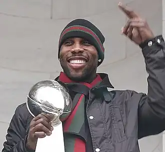 Trophy awarded for Super Bowl XLVII photographed on February 5, 2013. Trophy held by Anquan Boldin