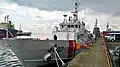 A front view of the BRP Malabrigo while docked in port.