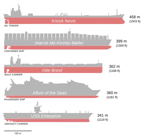 Size comparison of some of the longest ships. From top to bottom: Knock Nevis (ex-Seawise Giant), Maersk Mc-Kinney Møller, Vale Brasil, Allure of the Seas, and USS Enterprise (CVN-65)