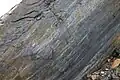 Slickensides on a fault plane, south wall of Bear Valley Strip Mine. Lens cap 5.8cm wide.