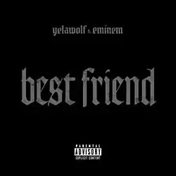 The cover is entirely colored in black, with both artists' name and the song title colored in grey and placed on the top and middle part of the cover, and the Parental Advisory label below them.