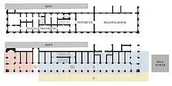 colour-coded floor plans of the Marciana Library